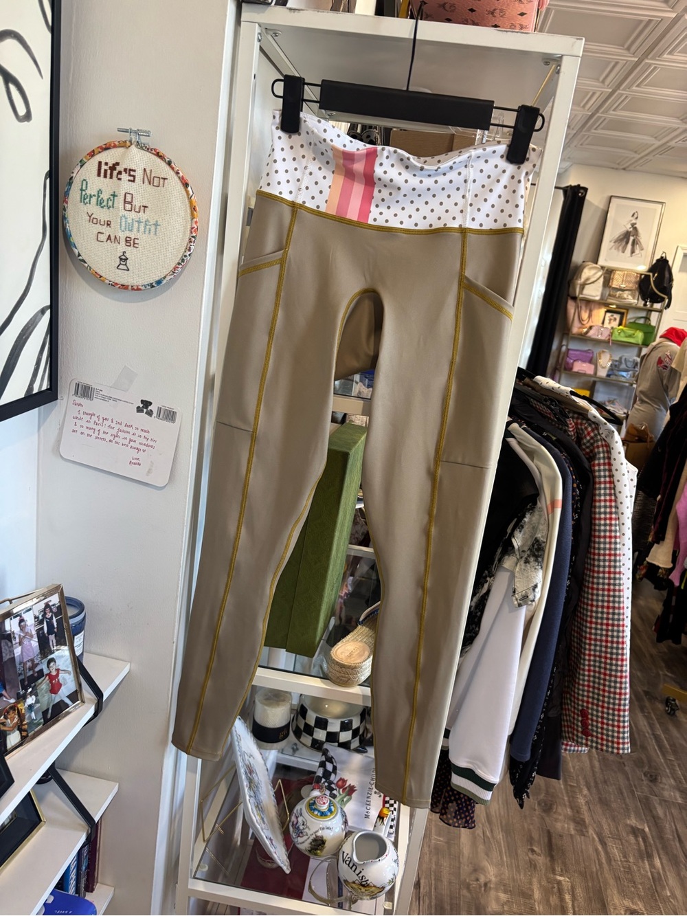 Coeur High-Rise Taupe Leggings with Polka Dot Waistband and Pink Stripe